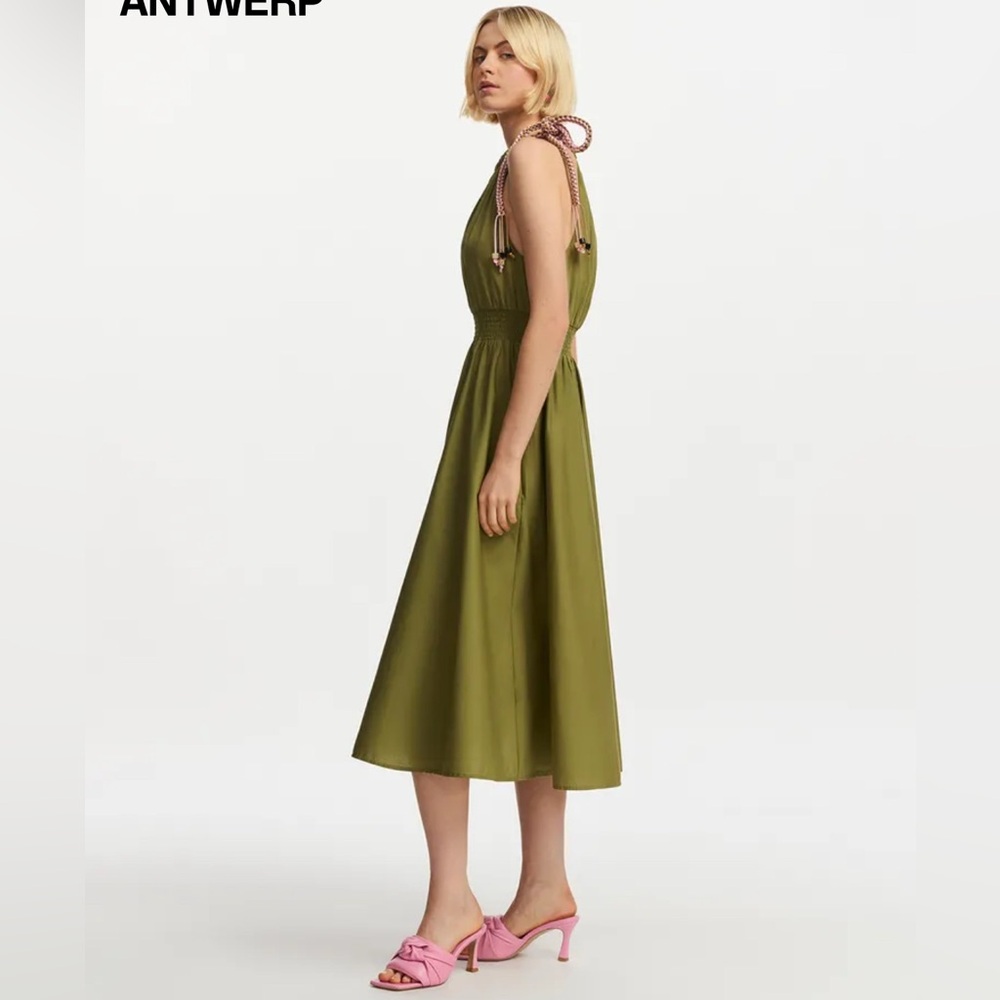 ESSENTIAL ANTWERP Khaki cotton halter neck midi dress. Size 4. - Picture 3 of 11